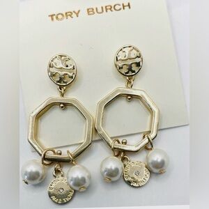Tory Burch Gold Hexagon Earrings with Pearls NWOT Dust Bag NWOT Retail $158 Rare